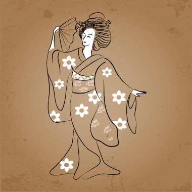 Geyşa Japonya klasik Japon kadın antik stili çizim. Geyşa dans