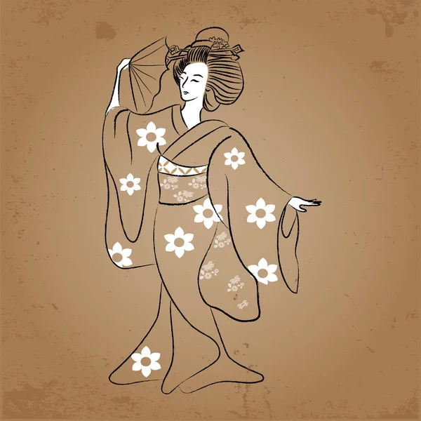 Geisha Japan klassieke Japanse vrouw oude stijl van tekening. Dansende geisha — Stockvector