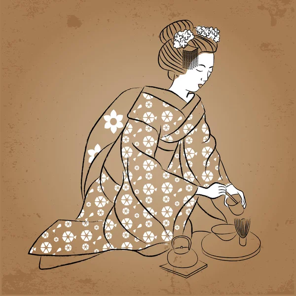 Geisha Japón clásico japonés mujer antiguo estilo de dibujo. Geisha hace un té — Vector de stock