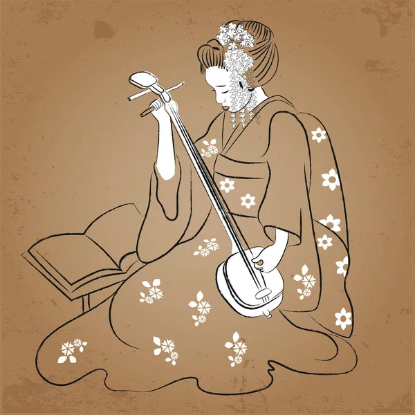 Geisha Japan classical Japanese woman ancient style of drawing. Playing geisha — Stock Vector