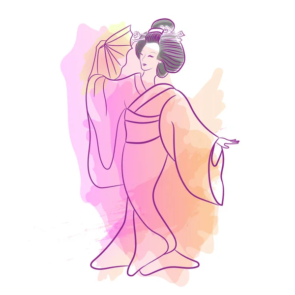 Geisha Japón clásico japonés mujer waterclolr estilo de dibujo. Bailando chica japonesa — Vector de stock