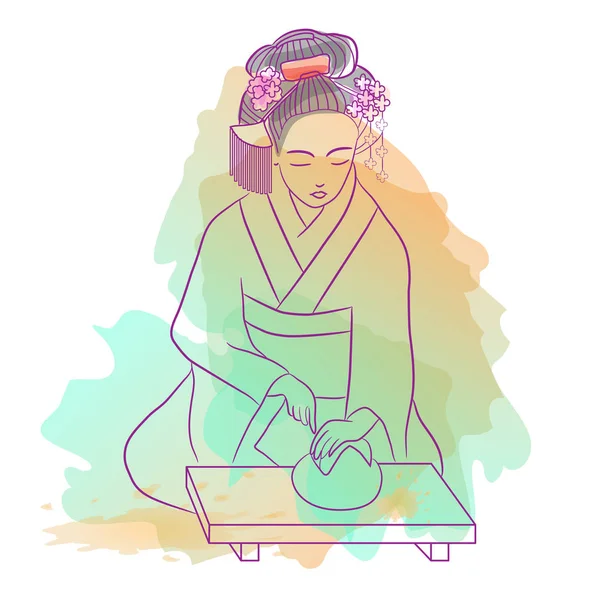 Geyşa Japonya klasik Japon kadın suluboya stili çizim. Geyşa bir çay yapar — Stok Vektör
