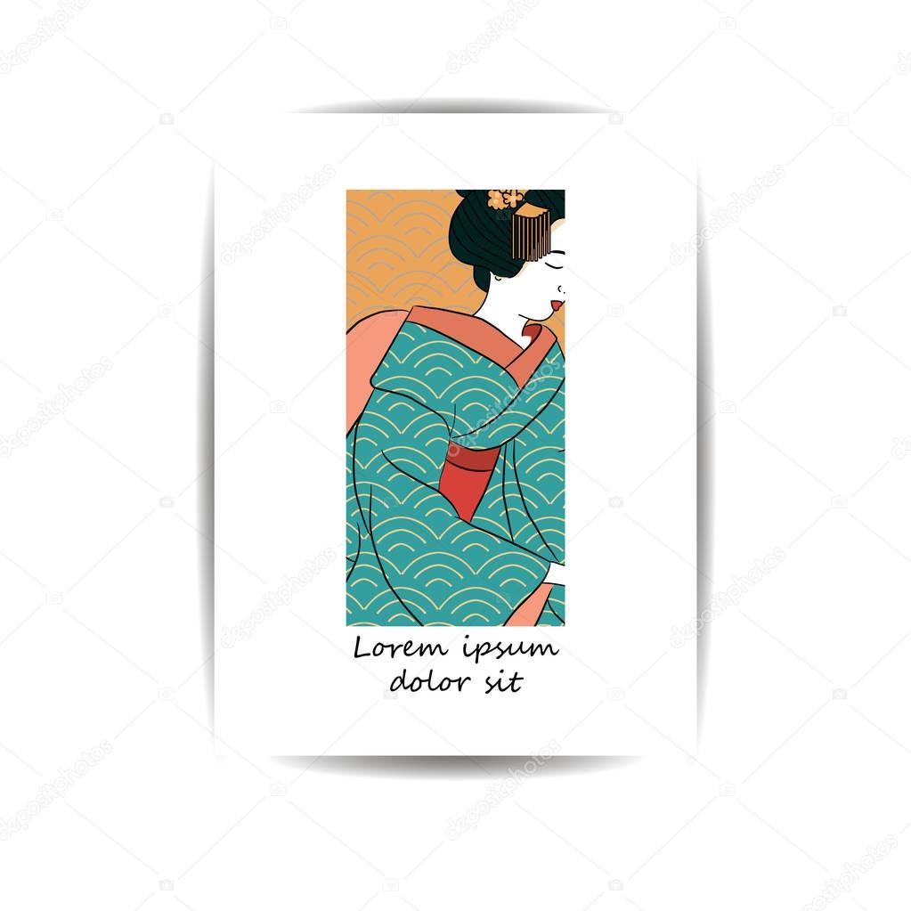 Template for cover, banner, greeting card or poster.Geisha Japan classical Japanese woman ancient style of drawing.