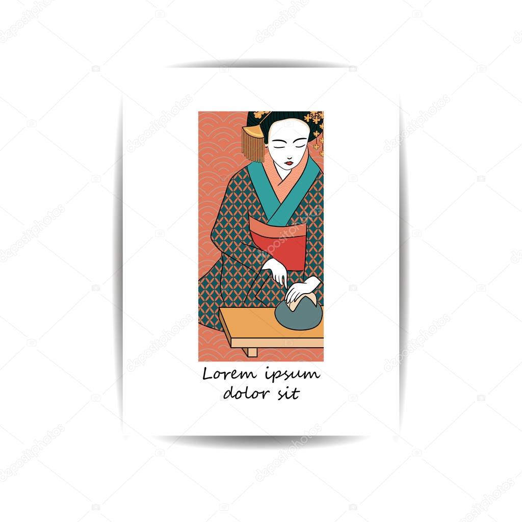 Template for cover, banner, greeting card or poster.Geisha Japan classical Japanese woman ancient style of drawing.