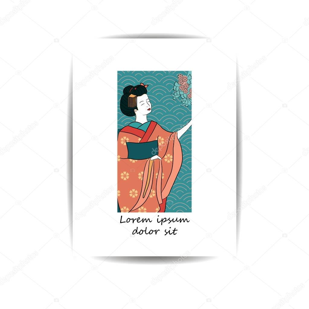 Template for cover, banner, greeting card or poster.Geisha Japan classical Japanese woman ancient style of drawing.