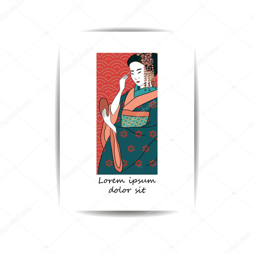 Template for cover, banner, greeting card or poster.Geisha Japan classical Japanese woman ancient style of drawing.