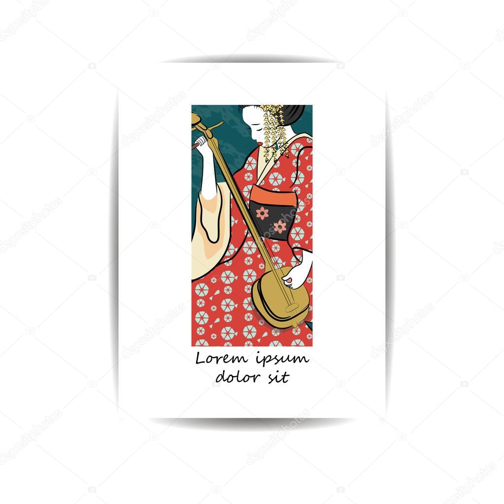 Template for cover, banner, greeting card or poster.Geisha Japan classical Japanese woman ancient style of drawing.