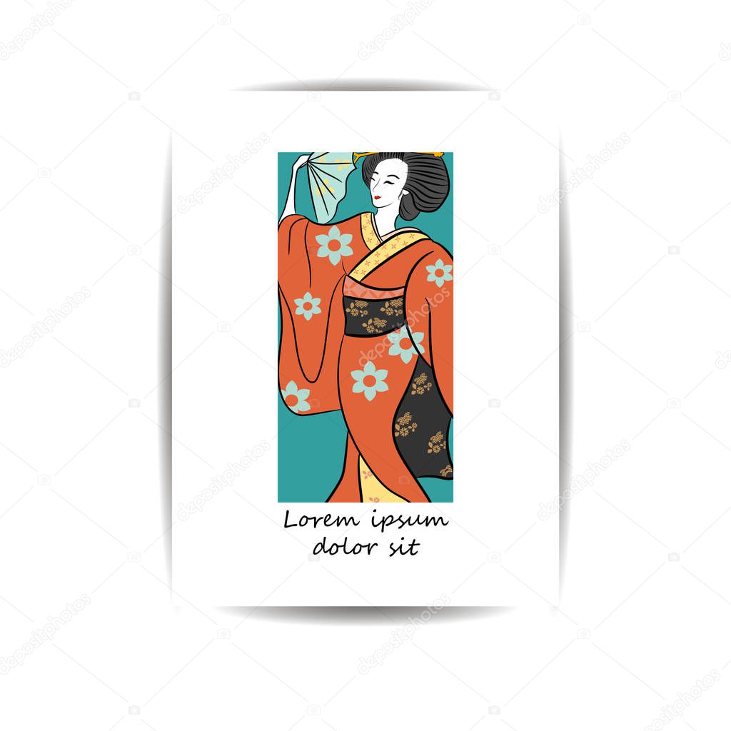 Template for cover, banner, greeting card or poster.Geisha Japan classical Japanese woman ancient style of drawing.