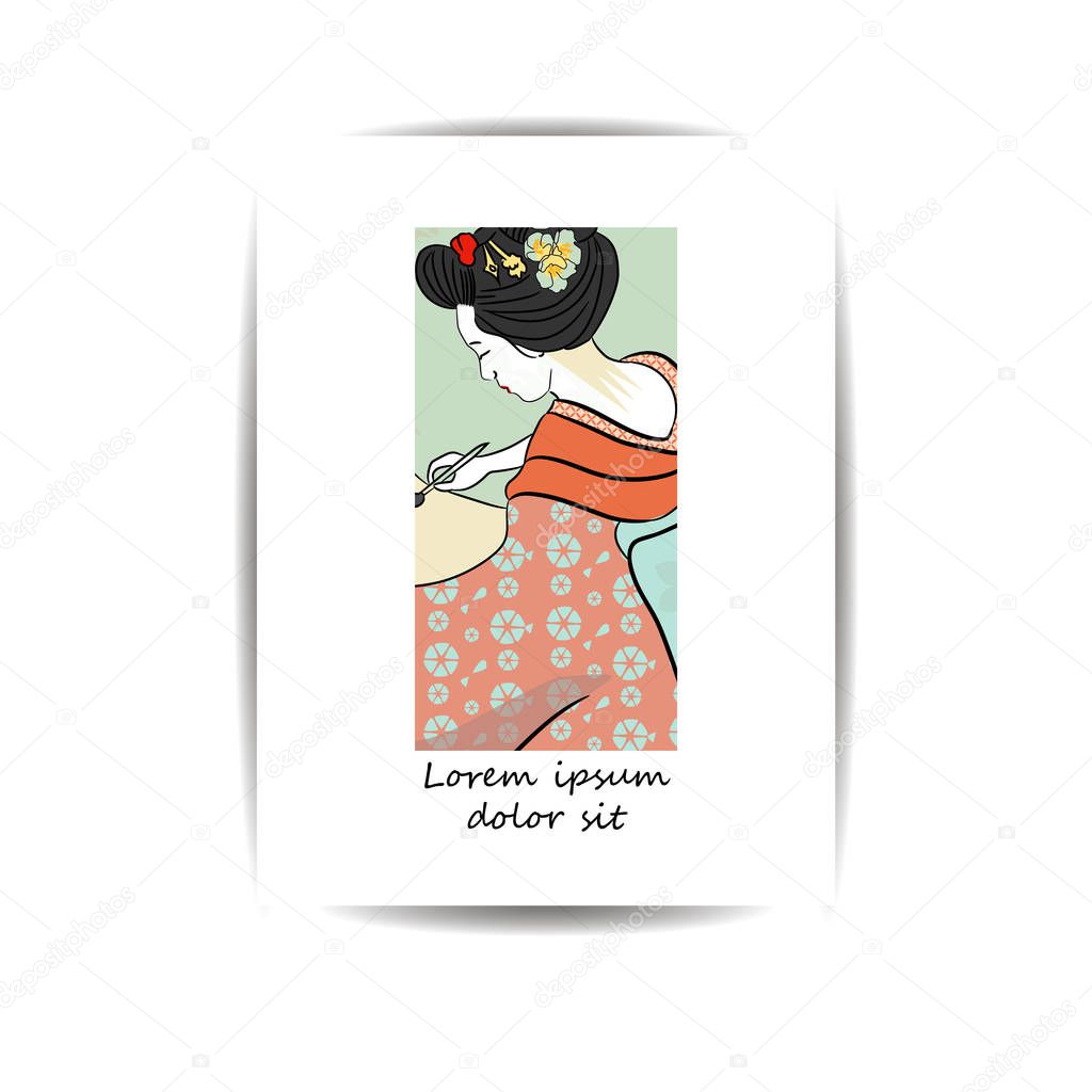 Template for cover, banner, greeting card or poster.Geisha Japan classical Japanese woman ancient style of drawing.