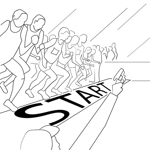 Correre gente durante una maratona cittadina. Illustrazione vettoriale schizzo disegnato a mano . — Vettoriale Stock