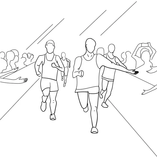 Running people during a city marathon. Hand drawn sketch vector illustration. — Stock Vector