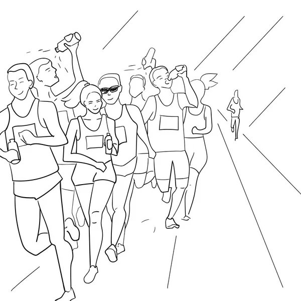 Correre gente durante una maratona cittadina. Illustrazione vettoriale schizzo disegnato a mano . — Vettoriale Stock