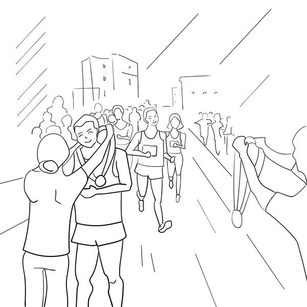 Kör människor under en city marathon. Handritad skiss vektorillustration. Målgång i marathon — Stock vektor