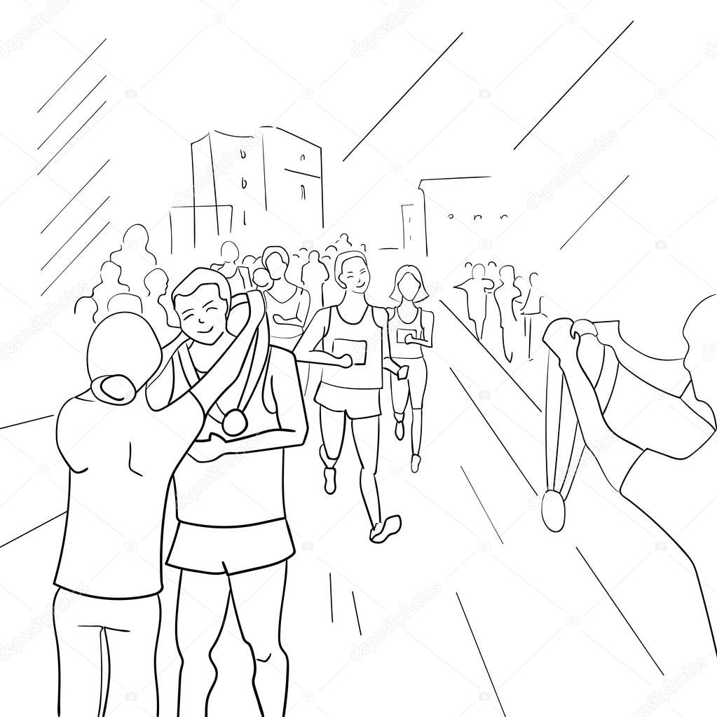 Running people during a city marathon. Hand drawn sketch vector illustration.Finish of marathon
