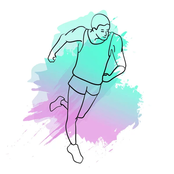 Hombre huyendo. Ilustración vectorial del estilo de línea. Afiche deportivo de color, impresión o pancarta para maratón . — Vector de stock