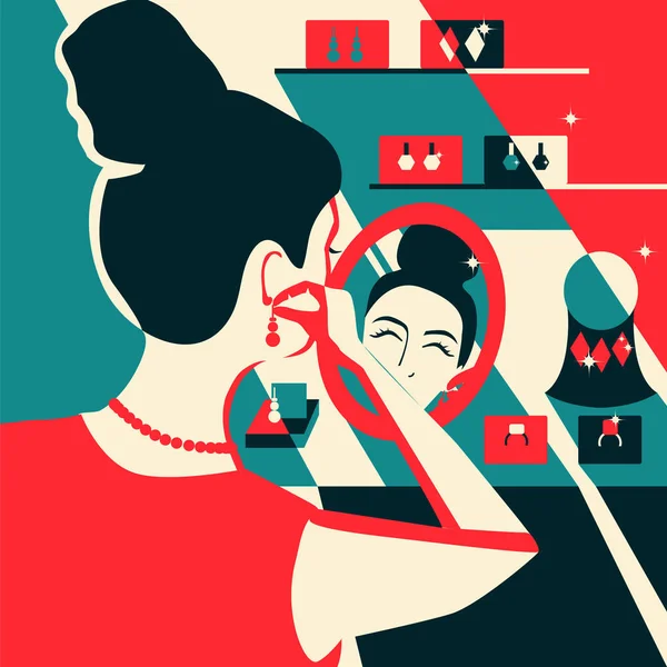 Vrouw probeert op oorbellen plezier van aankoop. Illustratie voor tijdschriften, sites, verkoop en kortingen. — Stockvector