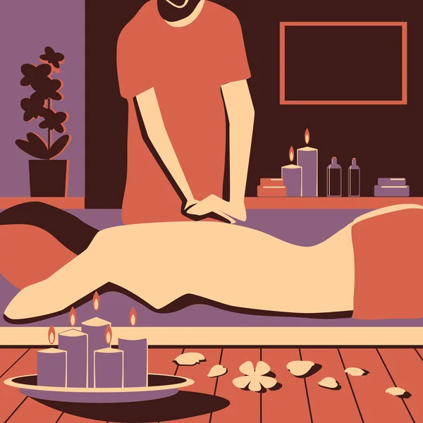 Vrouw met een massage in de spa van een schoonheid schoonheid. Spa met kaarsen en bloemen. — Stockvector