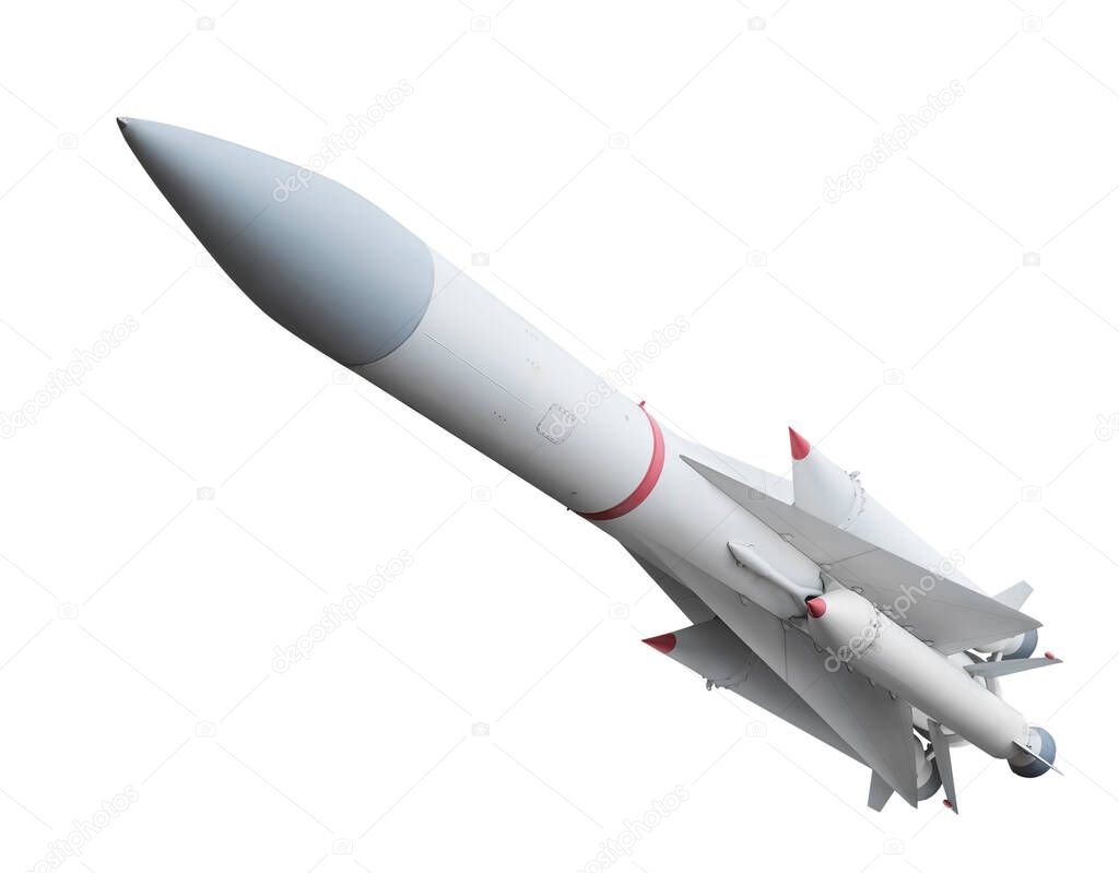 Multistage anti-aircraft air defense missile. Front side view. Isolated on white background 