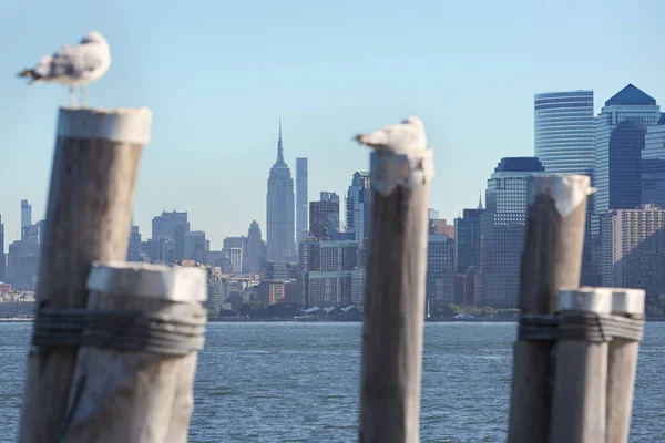 Empire State Building y el horizonte de la ciudad de Nueva York y los polos del muelle, día soleado —  Fotos de Stock