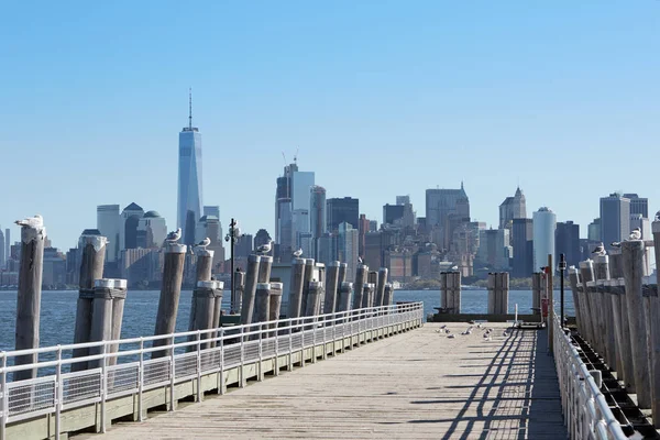 Jetée vide et vue sur les toits de la ville de New York avec mouettes, journée ensoleillée — Photo