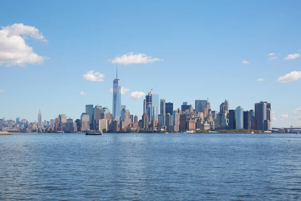 New York city skyline wide view in a clear sunny day, blue sky