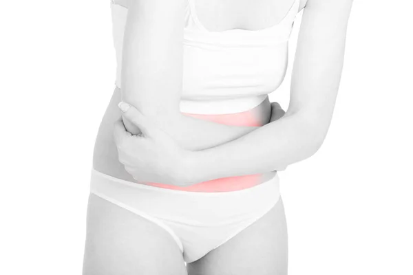 Mujer con dolor de estómago área roja en blanco, camino de recorte —  Fotos de Stock