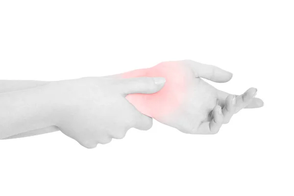 Young woman with carpal tunnel syndrome, red wrist pain isolated — Stock Photo, Image