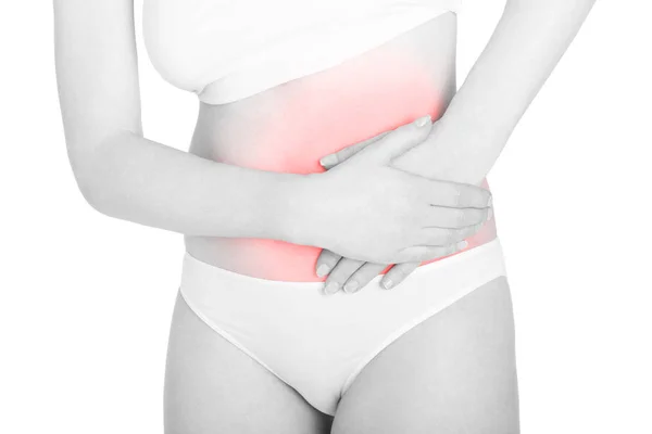 Mujer con dolor abdominal lateral área roja en blanco, camino de recorte —  Fotos de Stock