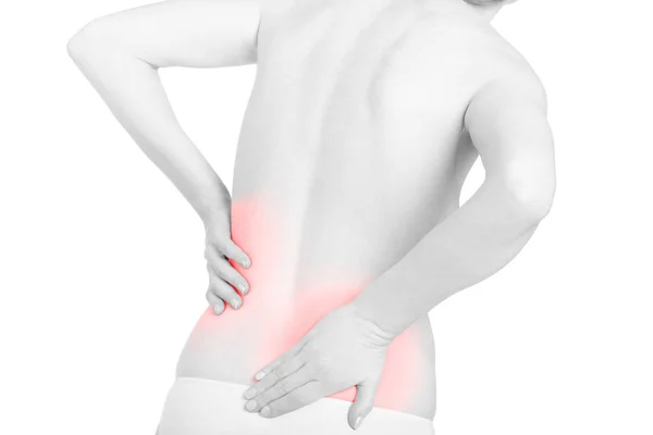 Mujer sin camisa tocándose la espalda para el dolor, dolor de espalda zona roja en blanco —  Fotos de Stock