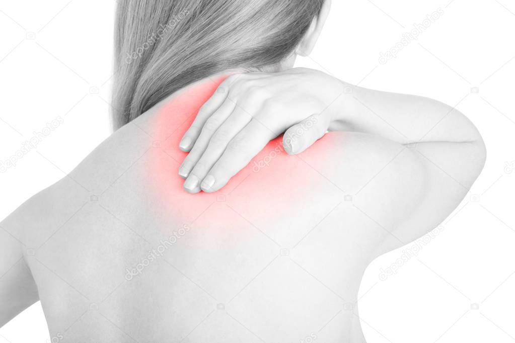 Young woman with scapula red pain area on white, clipping path