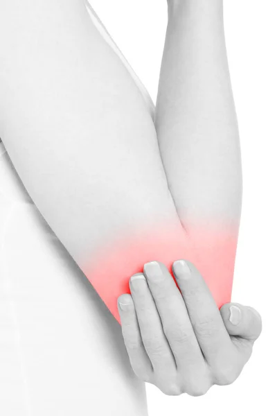 Braço da mulher com dor no cotovelo, área vermelha no branco, caminho de recorte — Fotografia de Stock