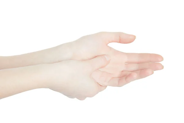 Mujer mano con dolor en la zona de la palma en blanco, camino de recorte — Foto de Stock