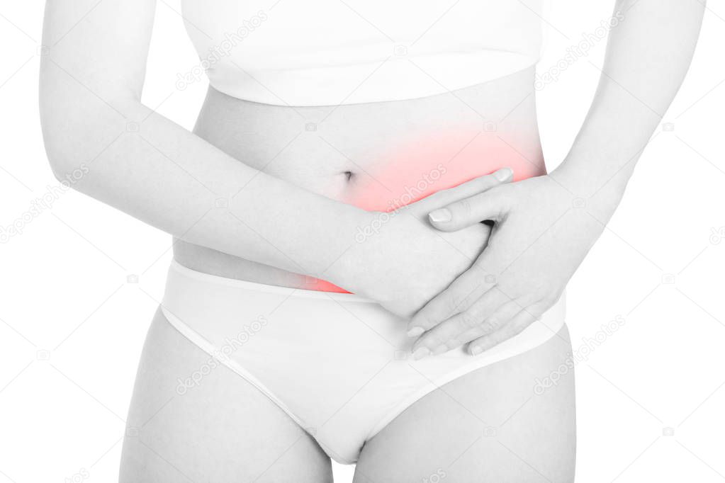 Woman with abdominal pain red area on white, clipping path