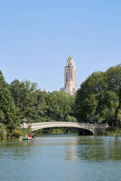 Central Park y el puente de proa blanca en un día soleado en Nueva York —  Fotos de Stock