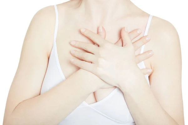 Woman with chest pain, heart attack on white, clipping path — Stock Photo, Image