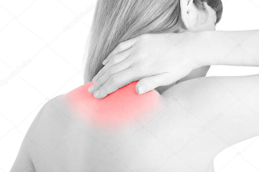 Young woman holding hand on painful neck on white, clipping path