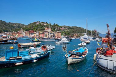 Portofino tipik güzel köy renkli evleri ve küçük liman ile