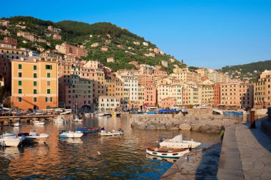 Camogli tipik köy renkli evleri ve küçük liman koyu ile