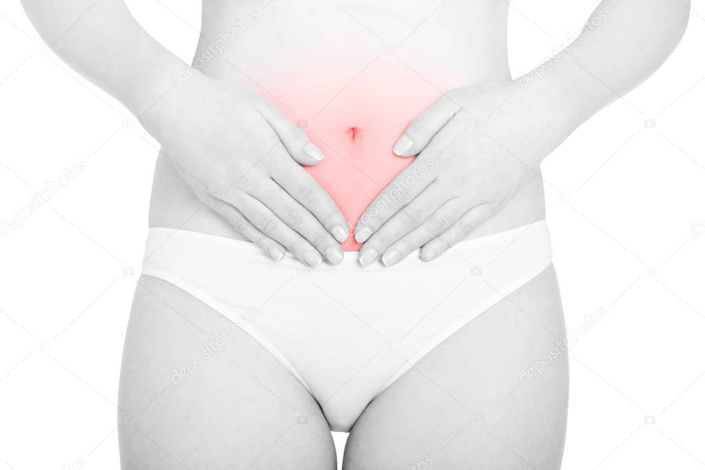 Young woman with menstrual cycle, red painful area isolated on white