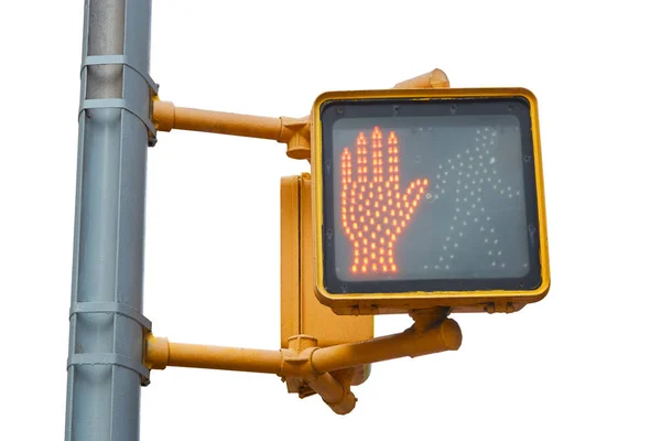 New York pedestrian traffic light with red hand isolated on white — Stock Photo, Image