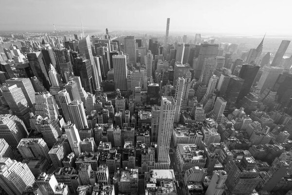 New York City Manhattan skyline, black and white aerial view with skyscrapers, wide angle