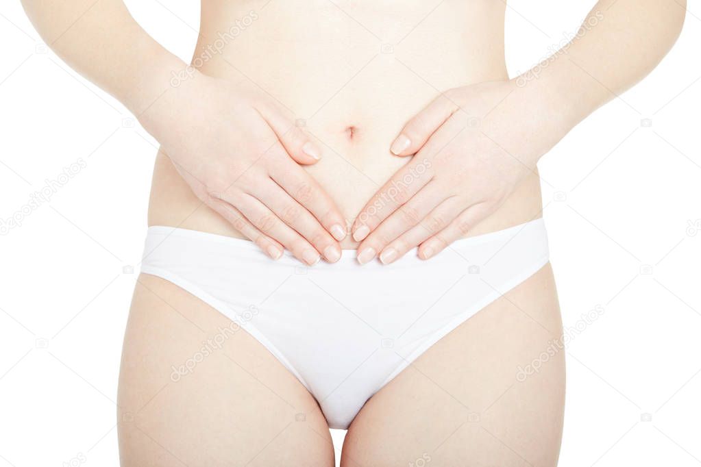 Young woman with menstrual cycle pain on white, clipping path