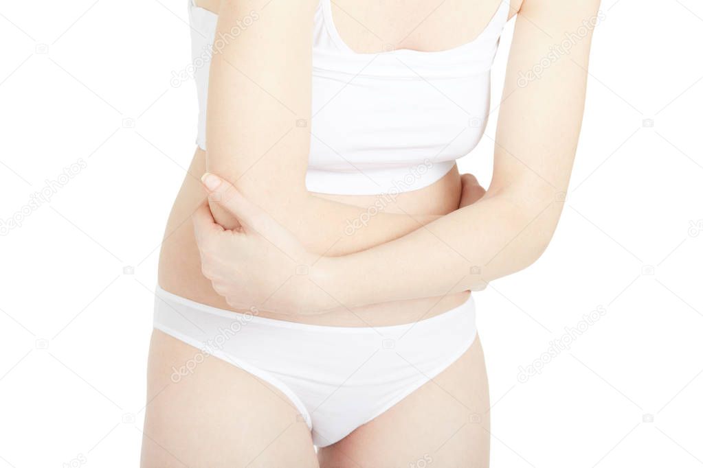 Woman with stomach pain on white, clipping path