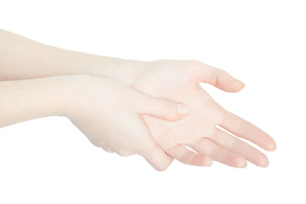 Vrouw hand aanraken met duim de pijnlijke palm geïsoleerd op wit — Stockfoto