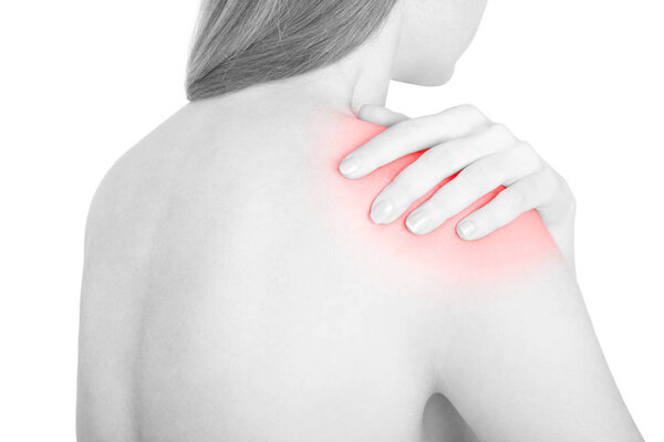Young woman with shoulder pain, red area on white, clipping path included
