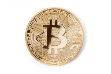 Bitcoin, gölge ikiye beyaz izole altın sikke