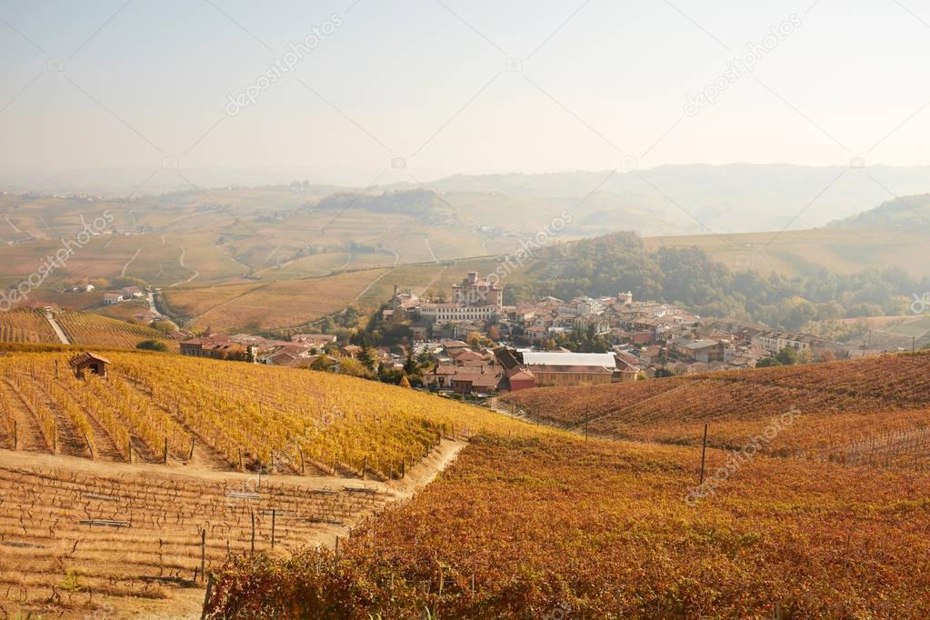 Barolo town surrounded by vineyards in autumn with yellow leaves in Italy