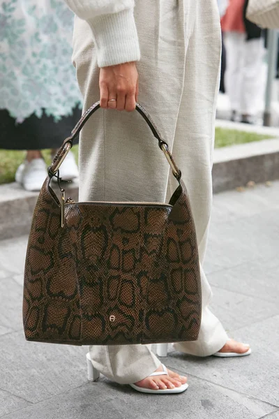 Nő hüllő bőr Aigner táska és szürke nadrág előtt Emporio Armani divatbemutató, Milánó Fashion Week utcai stílus — Stock Fotó