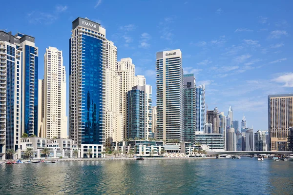 Dubai Marina modern skyscrapers and sea in a sunny day, blue sky in Dubai Stock Photo