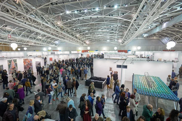 Artissima contemporary art fair opening high angle view at Oval Lingotto palace with visitors in Turin, Italy — Stock Photo, Image